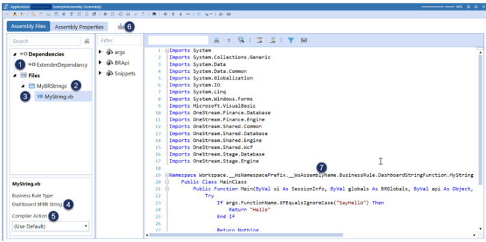 1. Dependencies tree displays under the dependencies in Assembly files. 2. A folder icon with the folder name under the Files section in Assembly files. 3. Source code files icons located under the Folder in Assembly files. 4. The business rules used in the assembly file, for example Dashboard XFBR String. 5. Compile Action dropdown is a rectangle with a black down arrow.6. Comple icon is an arrow facing down with multiple dots, flat design style. 7. Sample code of the namespace. 